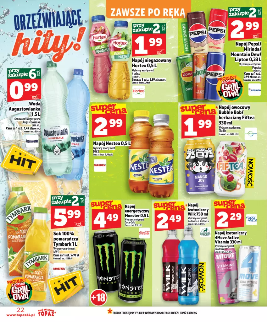 Gazetka promocyjna Topaz - Gazetka - ważna 16.04 do 22.04.2026 - strona 22 - produkty: Hortex, Lipton, Mirinda, Napój, Napój izotoniczny, Napój niegazowany, Nestea, Pepsi, Sok, Top, Tymbark, Woda