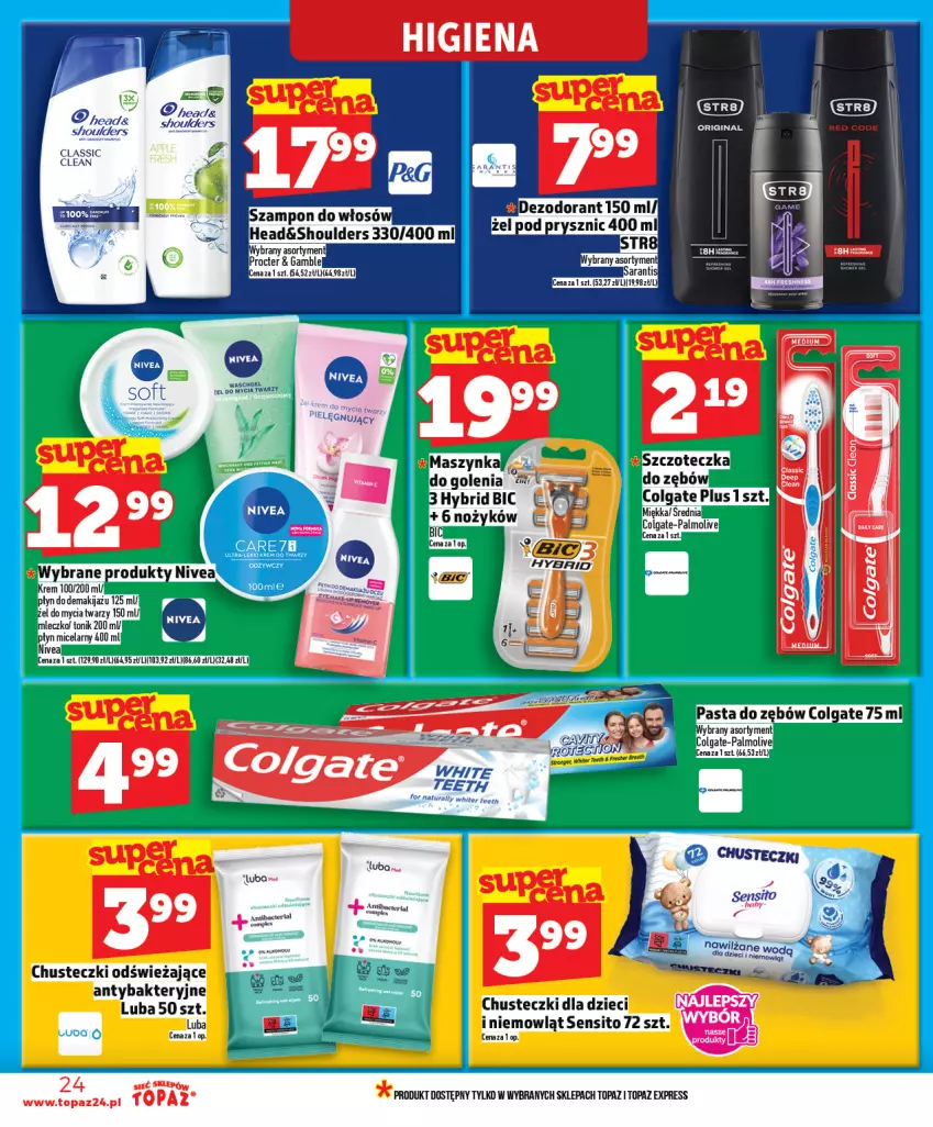 Gazetka promocyjna Topaz - Gazetka - ważna 16.04 do 22.04.2026 - strona 24 - produkty: BIC, Chusteczki, Colgate, LG, Makijaż, Maszynka, Mleczko, Nivea, Noż, Palmolive, Pasta do zębów, Płyn micelarny, Ryż, Sito, Szczoteczka, Szczoteczka do zębów, Szynka, Tonik, Top