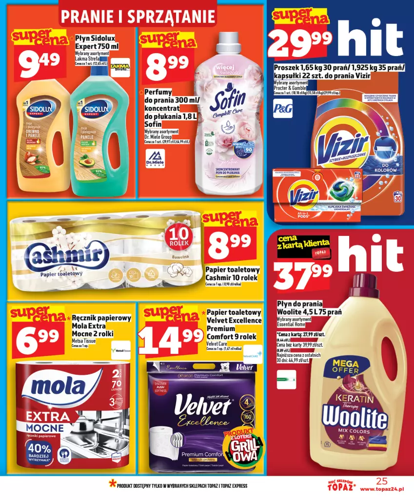 Gazetka promocyjna Topaz - Gazetka - ważna 16.04 do 22.04.2026 - strona 25 - produkty: Fa, Papier, Papier toaletowy, Perfum, Płyn do płukania, Płyn do prania, Rolki, Sidolux, Top, Velvet, Woolite
