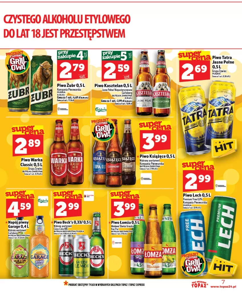 Gazetka promocyjna Topaz - Gazetka - ważna 16.04 do 22.04.2026 - strona 7 - produkty: Carlsberg, Coca-Cola, Kasztelan, Książęce, Napój, Piwo, Tatra, Top, Warka