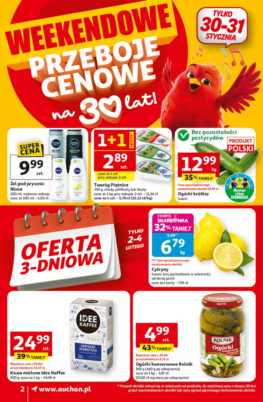 Gazetka promocyjna Auchan - 30 Lat Supermarket Auchan Franczyza - ważna 29.01 do 04.02.2026 - strona 2 - produkty: Cytryny, Kawa, Kawa mielona, Nivea, Ogórki konserwowe, Piątnica, Rolnik, Ser, Twaróg