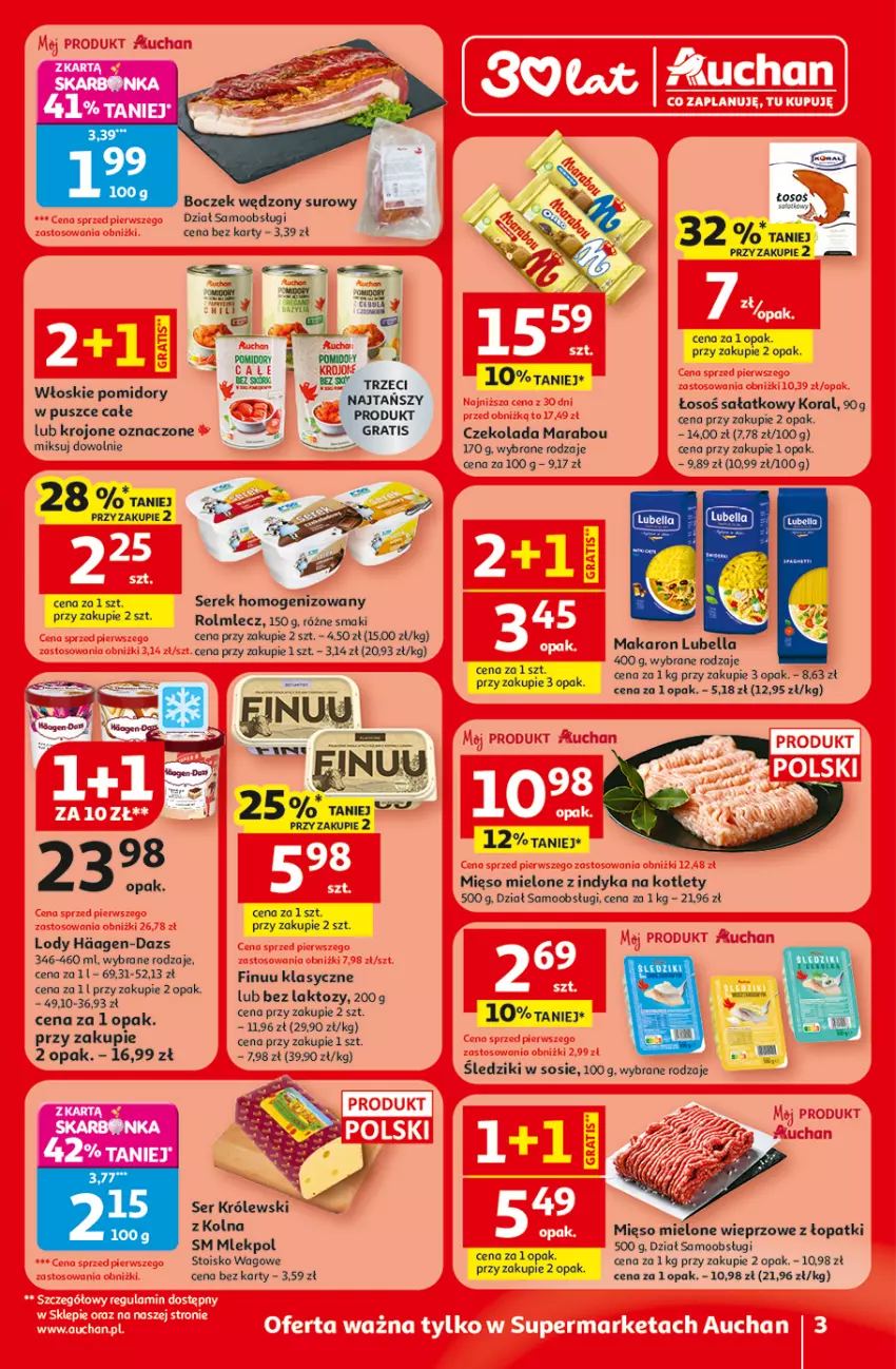 Gazetka promocyjna Auchan - 30 Lat Supermarket Auchan Franczyza - ważna 29.01 do 04.02.2026 - strona 3 - produkty: Bell, Bella, Boczek, Czekolada, Finuu, Gra, HP, Kotlet, Królewski, Lody, Lubella, Makaron, Mięso, Mięso mielone, Pomidory, Rolmlecz, Sałat, Ser, Serek, Serek homogenizowany