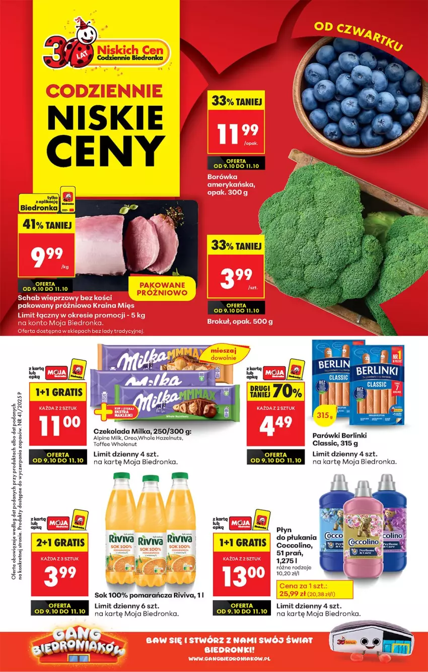 Gazetka promocyjna Biedronka - Od Czwartku - ważna 09.10 do 15.10.2025 - strona 1 - produkty: Berlinki, Coccolino, Czekolada, Gra, Kret, Milka, Oreo, Parówki, Sok