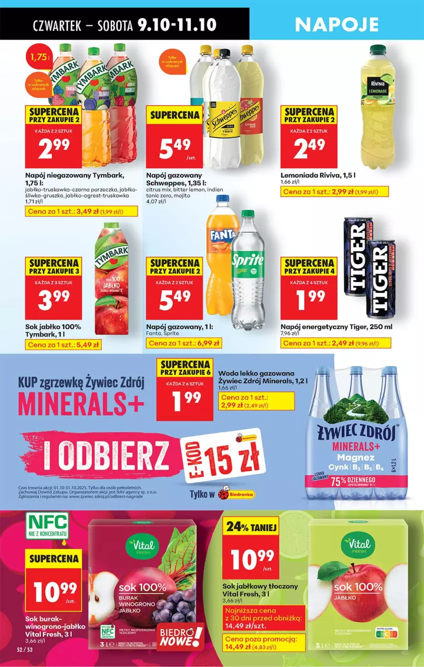 Gazetka promocyjna Biedronka - Od Czwartku - ważna 09.10 do 15.10.2025 - strona 66 - produkty: Fa, Fanta, Gres, Lemoniada, Napój, Napój energetyczny, Napój gazowany, Napój niegazowany, Por, Schweppes, Sok, Sok jabłkowy, Sprite, Tiger, Tymbark, Wino