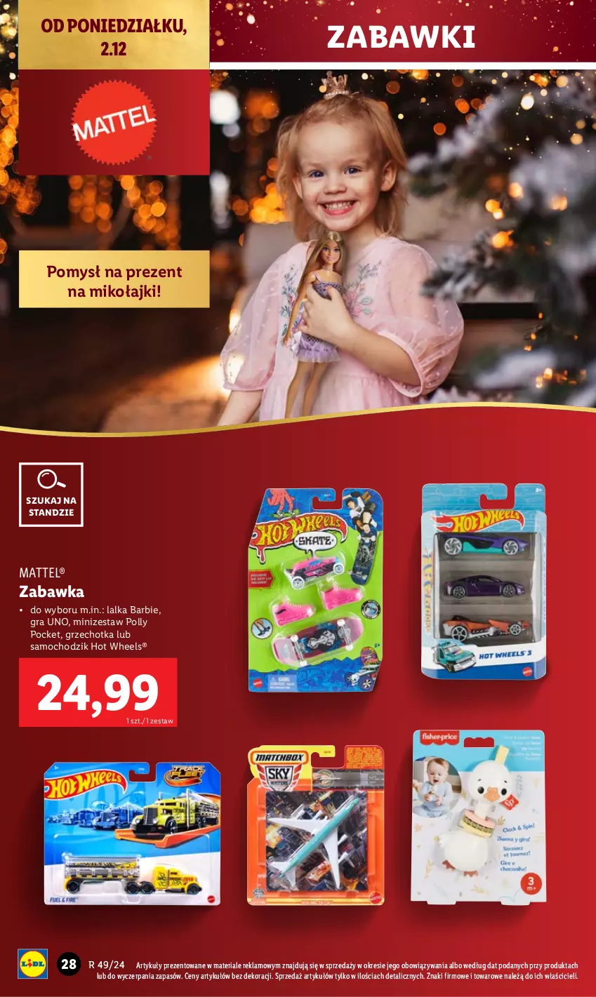 Gazetka promocyjna Lidl - GAZETKA - ważna 02.12 do 07.12.2024 - strona 28 - produkty: Barbie, Chodzik, Gra, Hot Wheels, Lalka, Mattel, Polly Pocket, Zabawka