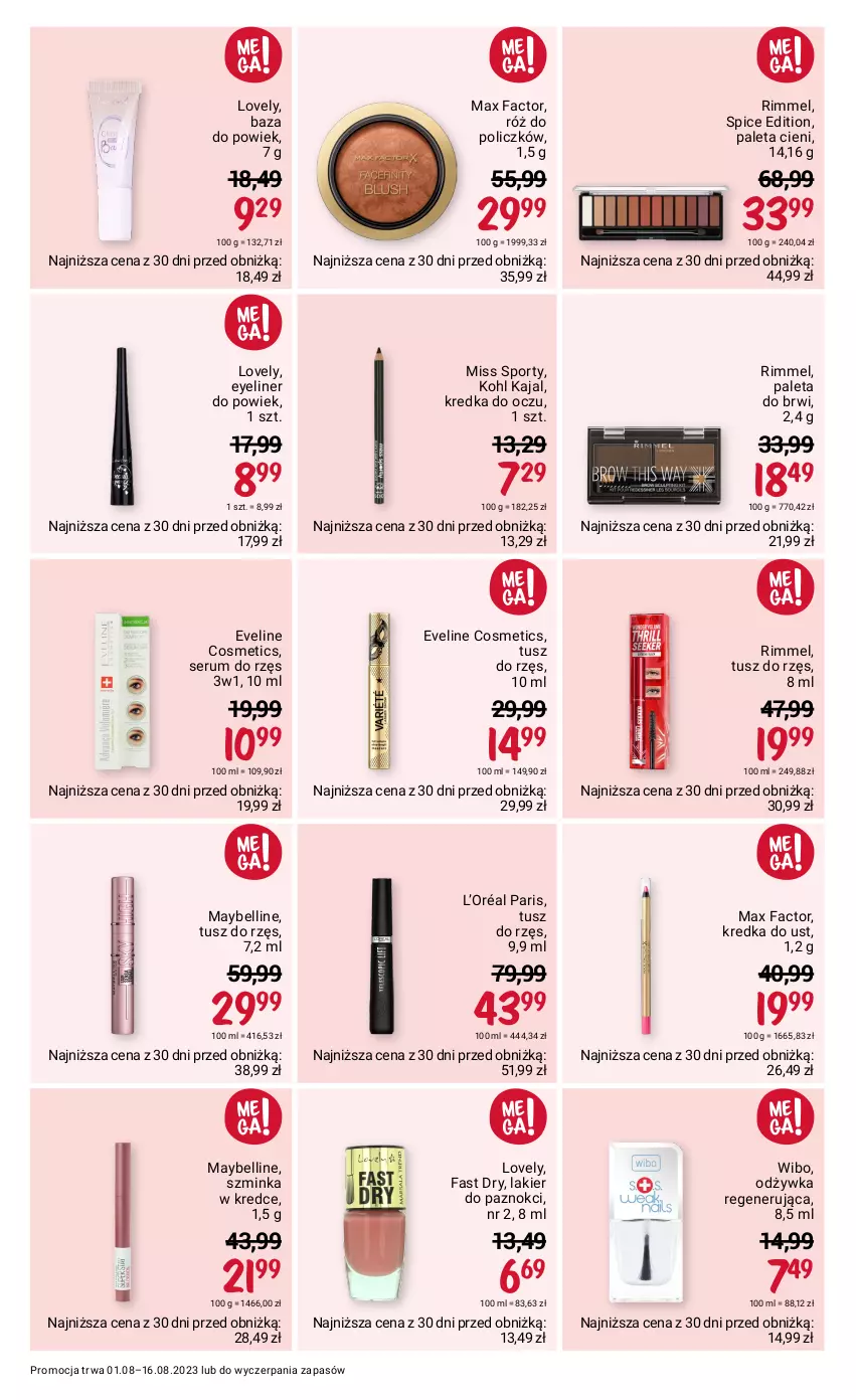 Gazetka promocyjna Rossmann - 1 sierpnia - ważna 01.08 do 16.08.2023 - strona 11 - produkty: Bell, Eveline, Fa, Inka, Kredka, L’Oréal, Lakier, Lakier do paznokci, Lovely, Max Factor, Maybelline, Miss Sporty, Odżywka, Paleta, Por, Róż do policzków, Rum, Ser, Serum, Sport, Szminka, Tusz, Wibo