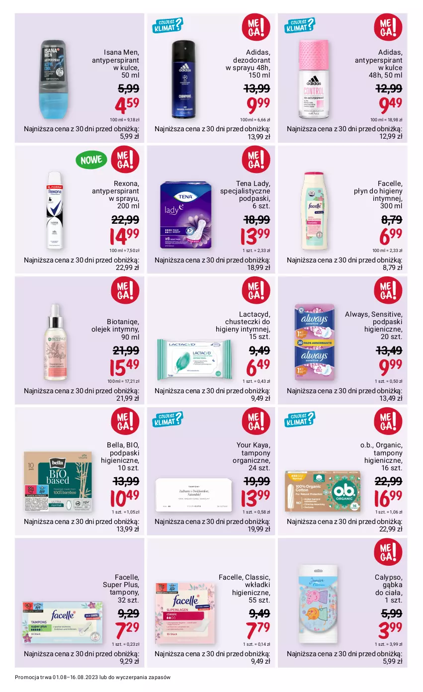 Gazetka promocyjna Rossmann - 1 sierpnia - ważna 01.08 do 16.08.2023 - strona 3 - produkty: Adidas, Always, Antyperspirant, Bell, Bella, Chusteczki, Chusteczki do higieny, Dezodorant, Fa, Facelle, Isana, Lactacyd, O.B., Olej, Płyn do higieny intymnej, Podpaski, Rexona, Tampony, Wkładki