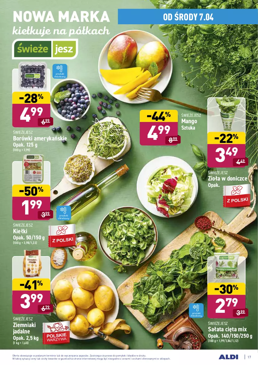 Gazetka promocyjna Aldi - ALE! CENA - ważna 06.04 do 11.04.2021 - strona 17 - produkty: Kiełki, Mango, Półka, Sałat, Ziemniaki, Zioła w doniczce