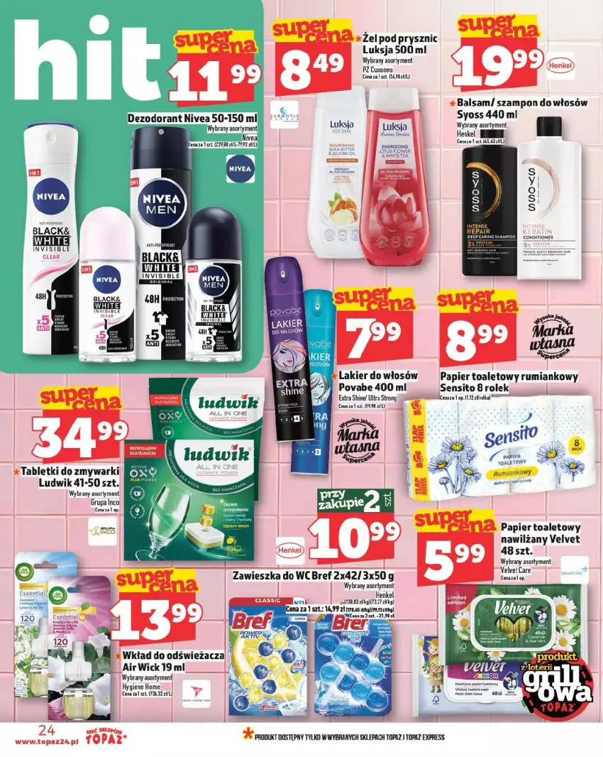 Gazetka promocyjna Topaz - ważna 15.05 do 21.05.2025 - strona 17 - produkty: Dezodorant, Fa, JBL, Lack, Lakier, Lakier do włosów, Ludwik, Luksja, Nivea, Papier, Papier toaletowy, Por, Rum, Sito, Syoss, Szampon, Tablet, Tabletki do zmywarki, Top, Velvet, Zmywarki