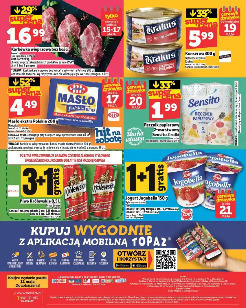 Gazetka promocyjna Topaz - ważna 15.05 do 21.05.2025 - strona 21 - produkty: Karkówka wieprzowa, Krakus, Masło, Mleko, Olej, Papier, Ręcznik, Rolki, Ser, Sito, Telefon, Top, Waga