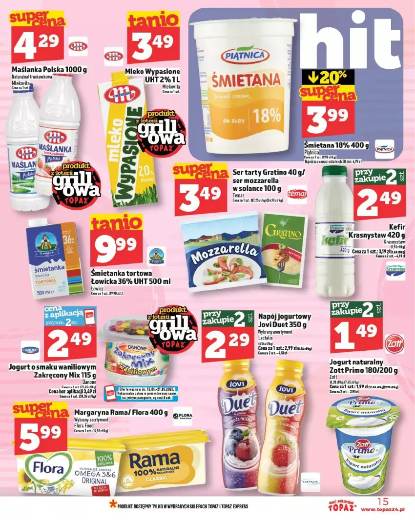Gazetka promocyjna Topaz - ważna 15.05 do 21.05.2025 - strona 7 - produkty: Danone, Flora, Gin, Gra, Jogurt, Jogurt naturalny, Kefir, Margaryna, Maślanka, Mleko, Mlekovita, Mozzarella, Napój, Napój jogurtowy, Rama, Ser, Solan, Top, Zott