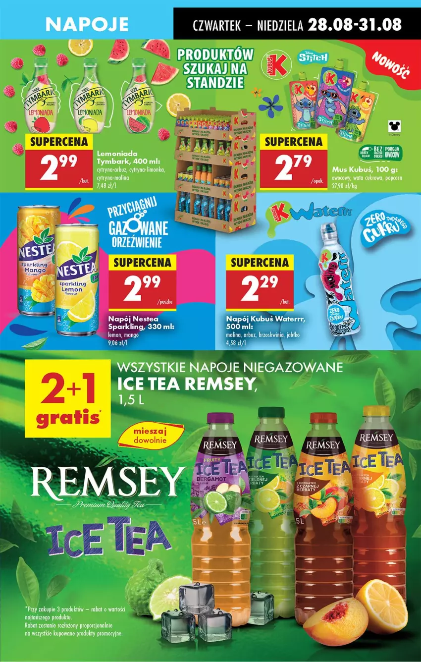 Gazetka promocyjna Biedronka - Od Czwartku - ważna 28.08 do 03.09.2025 - strona 57 - produkty: Arbuz, Ice tea, Kubuś, Lemoniada, Limonka, Mus, Napoje, Nestea, Popcorn, Por, Tymbark, Wata cukrowa