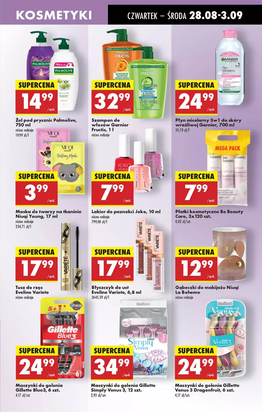Gazetka promocyjna Biedronka - Od Czwartku - ważna 28.08 do 03.09.2025 - strona 63 - produkty: Be Be, Błyszczyk do ust, Eveline, Fa, Fructis, Garnier, Gillette, Gillette Venus, Lakier, Lakier do paznokci, Makijaż, Maska, Maska do twarzy, Niuqi, Palmolive, Płatki kosmetyczne, Płyn micelarny, Szampon, Tusz, Venus
