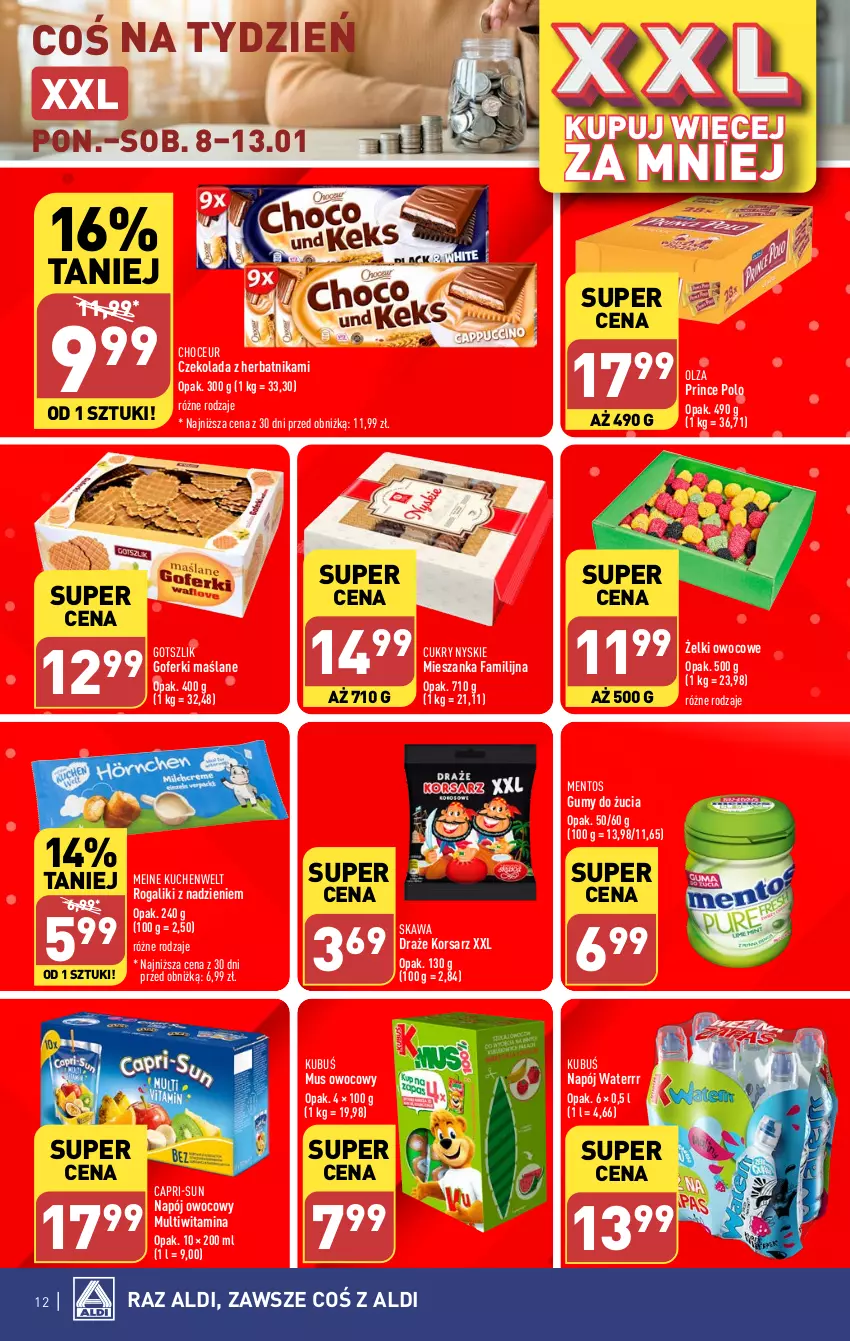 Gazetka promocyjna Aldi - Pełna oferta - ważna 08.01 do 13.01.2024 - strona 12 - produkty: Czekolada, Fa, Kawa, Kubuś, Mentos, Mus, Napój, Prince Polo, Rogal