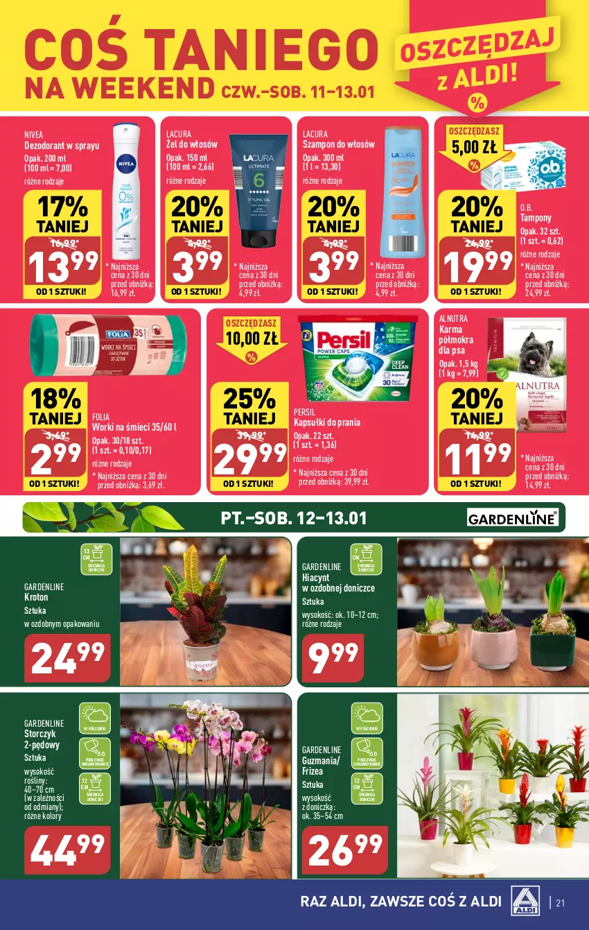 Gazetka promocyjna Aldi - Pełna oferta - ważna 08.01 do 13.01.2024 - strona 21 - produkty: Dezodorant, Hiacynt, Kapsułki do prania, Nivea, O.B., Persil, Sok, Storczyk, Szampon, Tampony, Worki na śmiec, Worki na śmieci