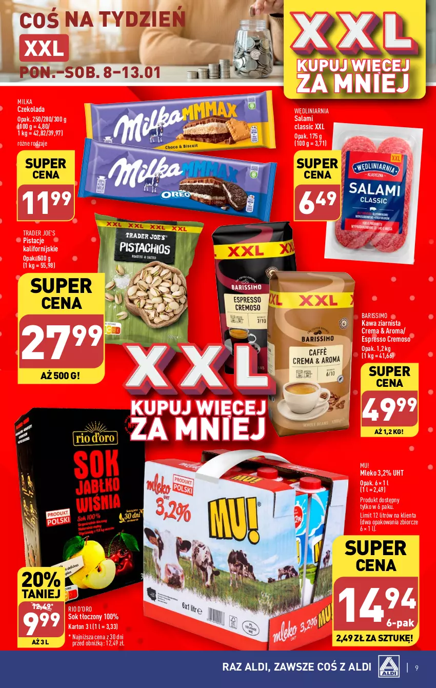 Gazetka promocyjna Aldi - Pełna oferta - ważna 08.01 do 13.01.2024 - strona 9 - produkty: Czekolada, Kawa, Kawa ziarnista, Milka, Mleko, Pistacje, Salami, Sok