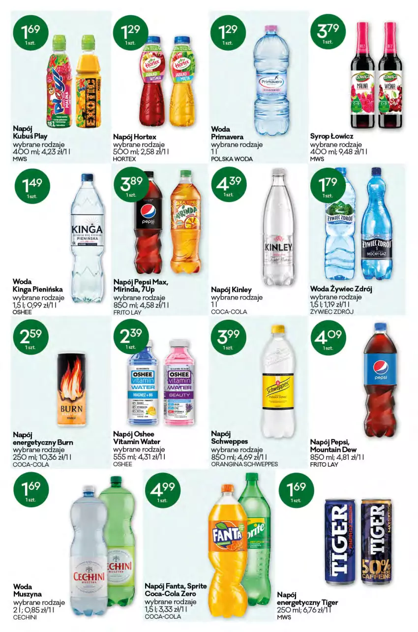 Gazetka promocyjna Groszek - Gazetka - ważna 08.04 do 20.04.2021 - strona 9 - produkty: Coca-Cola, Fa, Fanta, Gin, Hortex, Kubuś, Mus, Napój, Napój energetyczny, Oshee, Pepsi, Schweppes, Sprite, Syrop, Szyna, Tiger, Woda