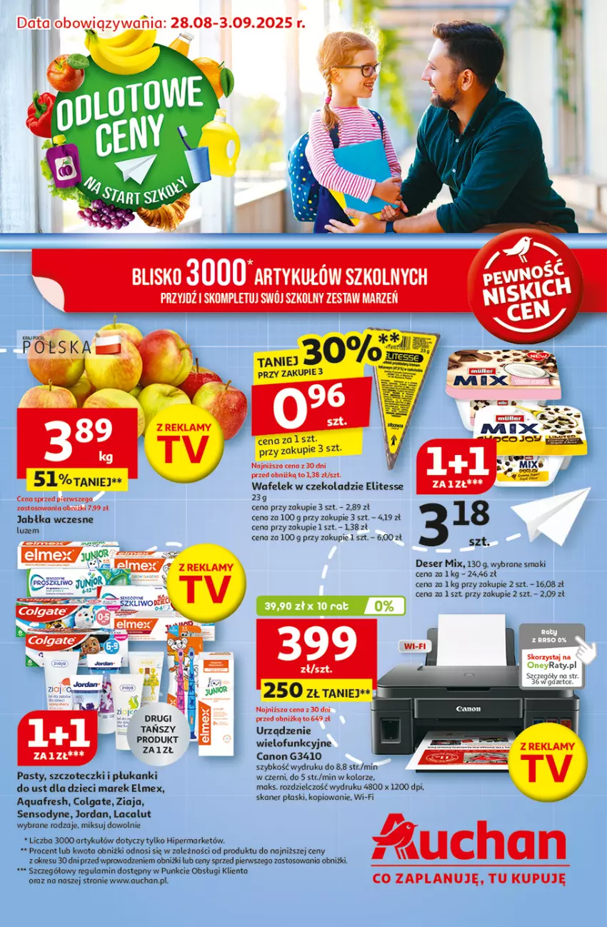 Gazetka promocyjna Auchan - Odlotowe ceny na start szkoły Hipermarket - ważna 28.08 do 03.09.2025 - strona 1 - produkty: Aquafresh, Canon, Colgate, Deser, Dzieci, Elmex, Jabłka, Lacalut, LG, Sensodyne, Ser, Skaner, Urządzenie wielofunkcyjne, Wafelek, Ziaja
