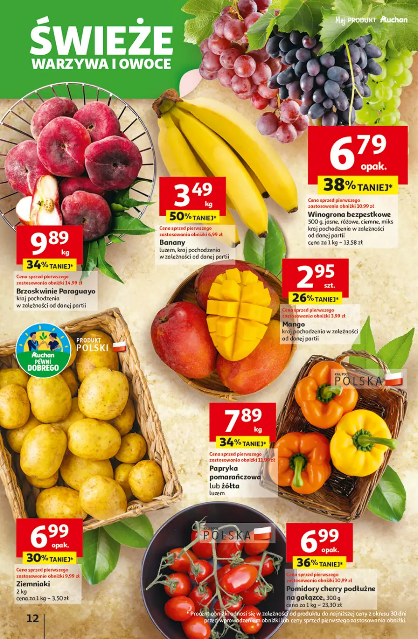 Gazetka promocyjna Auchan - Odlotowe ceny na start szkoły Hipermarket - ważna 28.08 do 03.09.2025 - strona 12 - produkty: Banany, Brzoskwinie, Mango, Owoce, Papryka, Warzywa, Warzywa i owoce, Wino, Winogrona, Winogrona bezpestkowe, Ziemniaki
