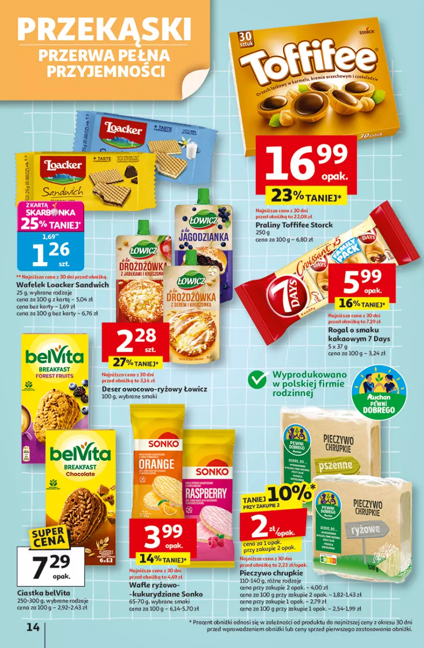 Gazetka promocyjna Auchan - Odlotowe ceny na start szkoły Hipermarket - ważna 28.08 do 03.09.2025 - strona 14 - produkty: 7 Days, BelVita, Chrupki, Ciastka, Deser, Fa, Jabłka, Kakao, Piec, Pieczywo, Pieczywo chrupkie, Praliny, Ryż, Ser, Toffifee, Wafelek, Wafle