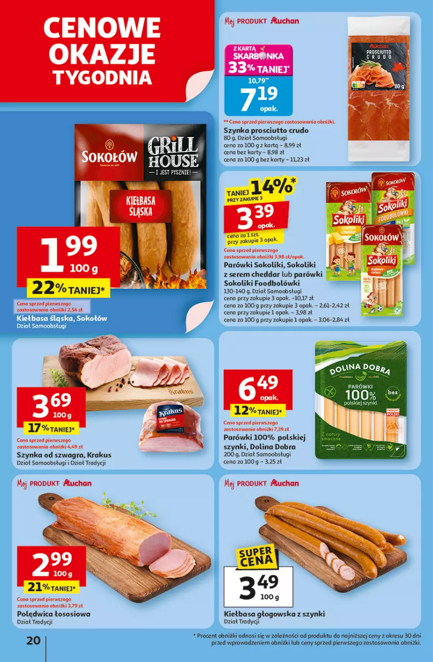 Gazetka promocyjna Auchan - Odlotowe ceny na start szkoły Hipermarket - ważna 28.08 do 03.09.2025 - strona 20 - produkty: Cheddar, Fa, Gra, Kiełbasa, Kiełbasa głogowska, Krakus, Parówki, Parówki sokoliki, Prosciutto, Ser, Sok, Sos, Szynka
