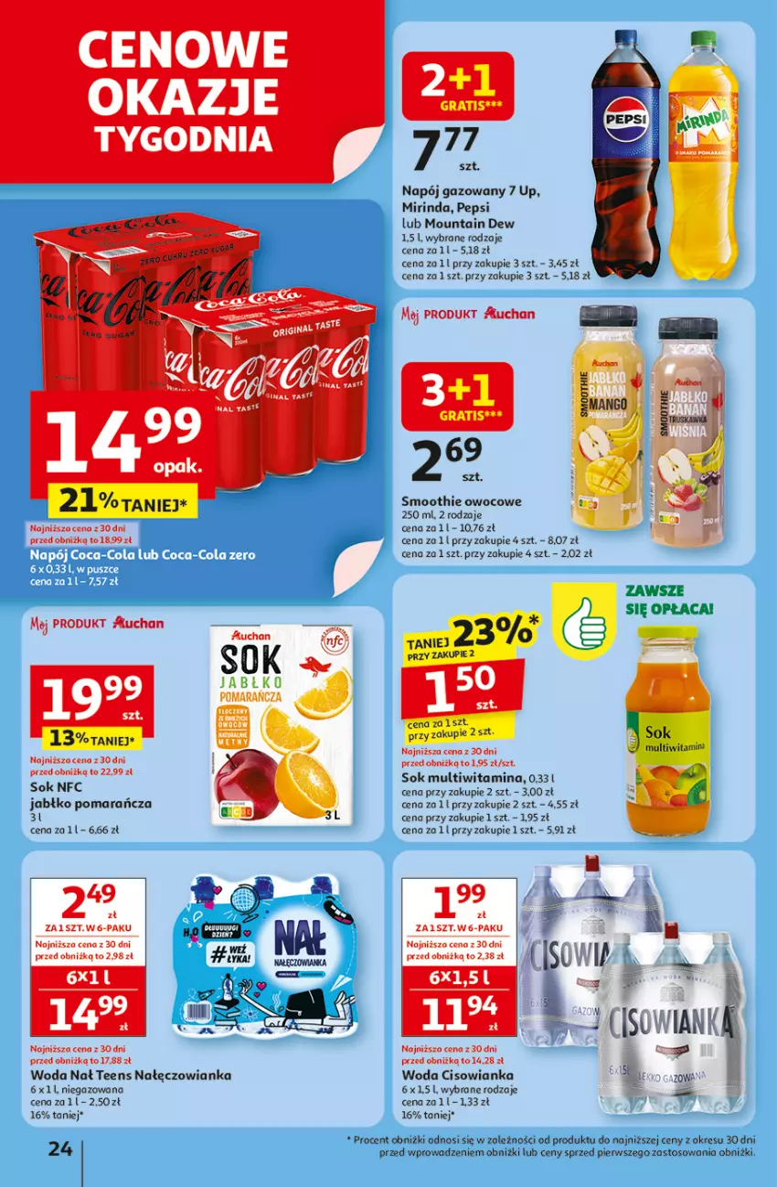 Gazetka promocyjna Auchan - Odlotowe ceny na start szkoły Hipermarket - ważna 28.08 do 03.09.2025 - strona 24 - produkty: Cisowianka, Gra, Mirinda, Nałęczowianka, Napój, Napój gazowany, Pepsi, Smoothie, Sok, Woda