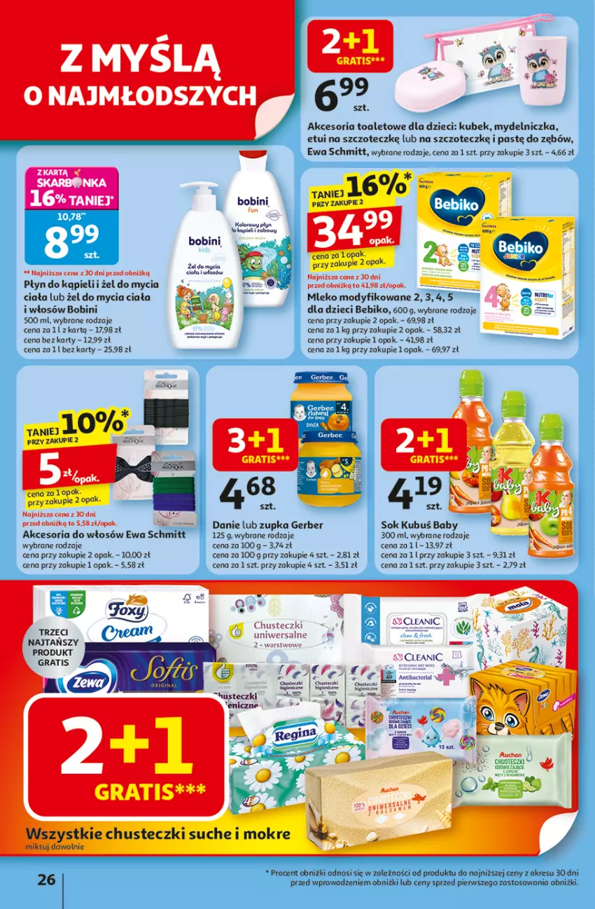 Gazetka promocyjna Auchan - Odlotowe ceny na start szkoły Hipermarket - ważna 28.08 do 03.09.2025 - strona 26 - produkty: Bebiko, Chusteczki, Cleanic, Dzieci, Ewa Schmitt, Gerber, Gin, Gra, Kubek, Kubuś, Mleko, Mleko modyfikowane, Mydelniczka, Sok