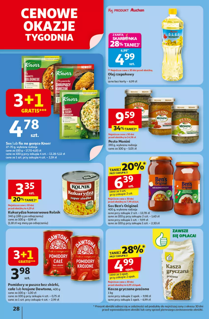 Gazetka promocyjna Auchan - Odlotowe ceny na start szkoły Hipermarket - ważna 28.08 do 03.09.2025 - strona 28 - produkty: Dawtona, Gin, Gry, Kasza, Kasza gryczana, Kukurydza, Kukurydza konserwowa, Monini, Olej, Olej rzepakowy, Pesto, Pomidory, Rolnik, Ser, Sos
