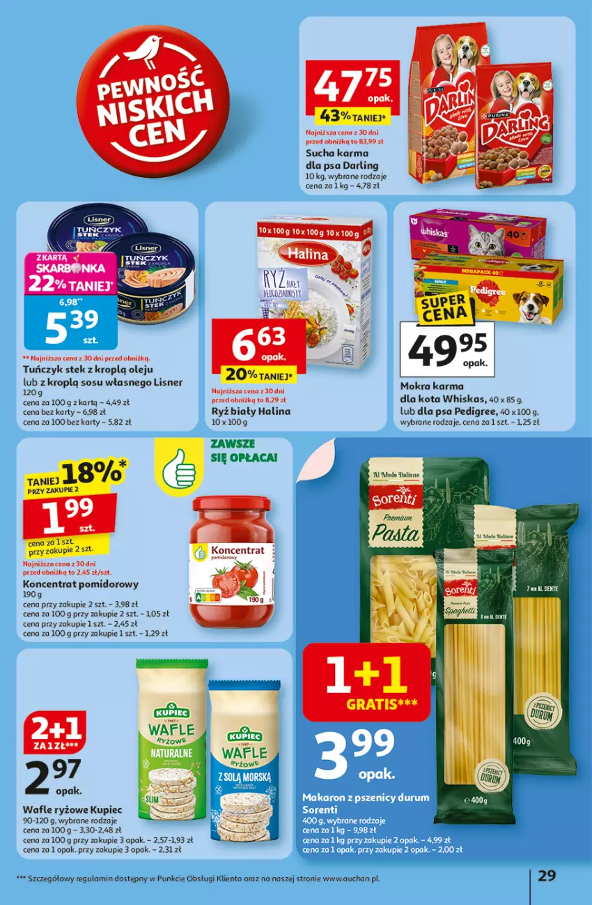 Gazetka promocyjna Auchan - Odlotowe ceny na start szkoły Hipermarket - ważna 28.08 do 03.09.2025 - strona 29 - produkty: Gra, Koncentrat pomidorowy, Kupiec, Lisner, Mokra karma, Olej, Pedigree, Piec, Ryż, Ryż biały, Sos, Stek, Sucha karma, Tuńczyk, Wafle, Whiskas