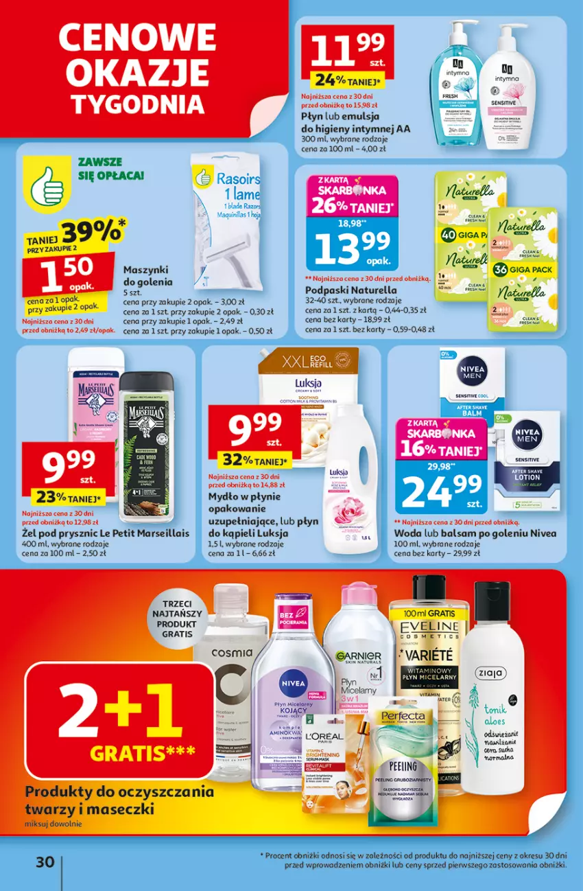 Gazetka promocyjna Auchan - Odlotowe ceny na start szkoły Hipermarket - ważna 28.08 do 03.09.2025 - strona 30 - produkty: Balsam po goleniu, Emulsja, Eveline, Garnier, Gra, Luksja, Mydło, Mydło w płynie, Naturell, Naturella, Nivea, Podpaski, Tonik, Woda