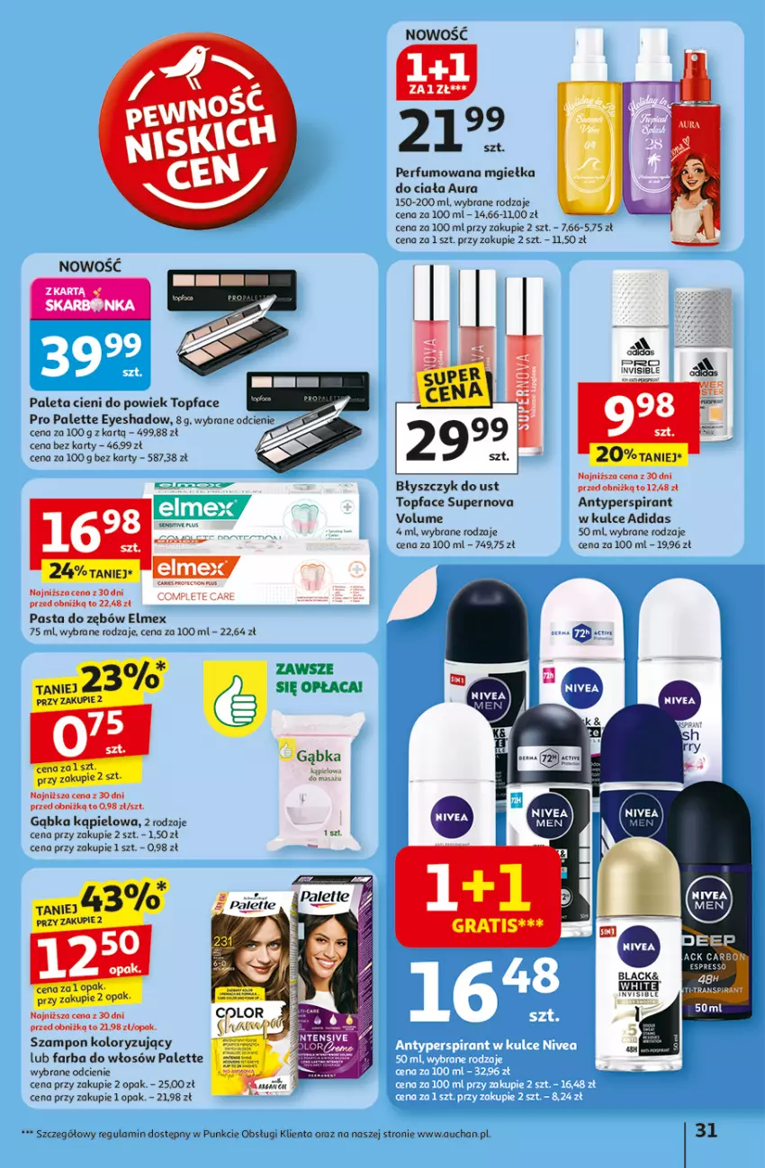 Gazetka promocyjna Auchan - Odlotowe ceny na start szkoły Hipermarket - ważna 28.08 do 03.09.2025 - strona 31 - produkty: Adidas, Antyperspirant, Błyszczyk do ust, Elmex, Fa, Farba do włosów, Gra, Palette, Perfum, Szampon, Top