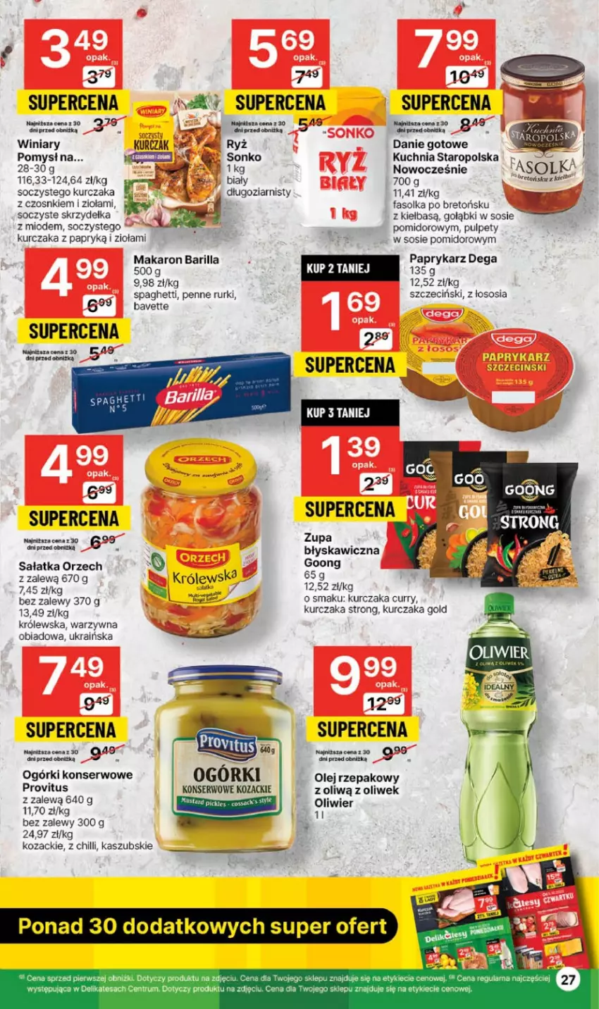 Gazetka promocyjna Delikatesy Centrum - Gazetka DC39 czw-sr - ważna 05.10 do 11.10.2023 - strona 27 - produkty: Barilla, Danie gotowe, Dega, Fa, Kuchnia, Kuchnia Staropolska, Kurczak, Makaron, Ogórki konserwowe, Olej, Olej rzepakowy, Papryka, Paprykarz, Penne, Pulpety, Rum, Rurki, Ryż, Sałat, Sałatka, Ser, Sonko, Sos, Spaghetti, Winiary, Zupa