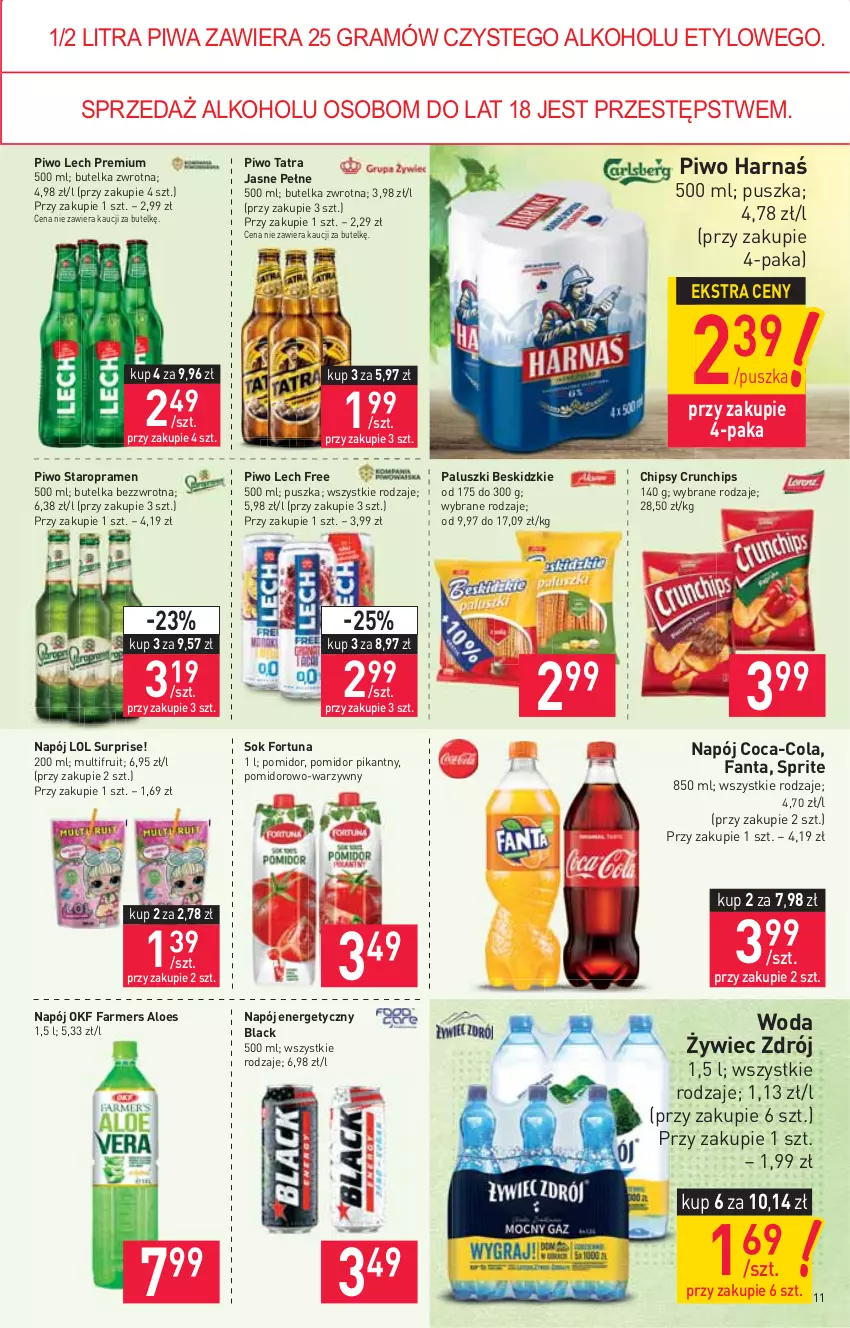 Gazetka promocyjna Stokrotka - Supermarket - ważna 23.09 do 29.09.2021 - strona 11 - produkty: Beskidzki, Chipsy, Coca-Cola, Crunchips, Fa, Fanta, Farmers Aloes, Fortuna, Gra, Harnaś, Lack, Lech Premium, Napój, Napój energetyczny, Piwa, Piwo, Sok, Sprite, Tatra, Woda