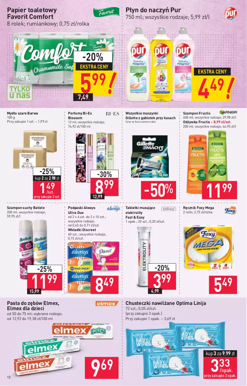 Gazetka promocyjna Stokrotka - Supermarket - ważna 23.09 do 29.09.2021 - strona 12 - produkty: Always, Always Ultra, Batiste, Chusteczki, Discreet, Dzieci, Elmex, Fa, Foxy, Fructis, Gillette, Mus, Mydło, Odżywka, Optima, Papier, Papier toaletowy, Pasta do zębów, Perfum, Podpaski, Pur, Ręcznik, Rolki, Rum, Szampon, Tablet, Tabletki musujące, Wkładki