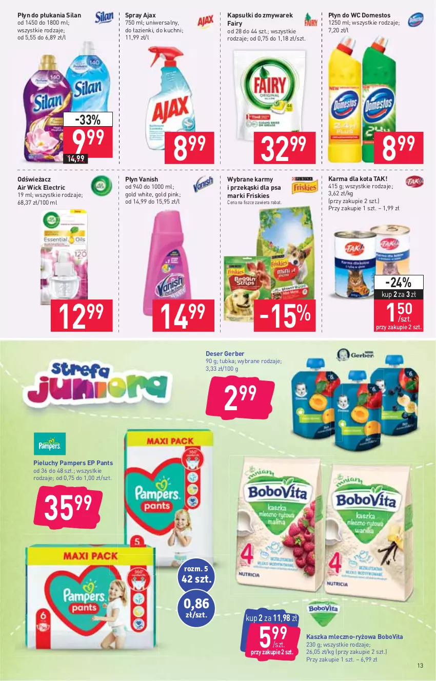 Gazetka promocyjna Stokrotka - Supermarket - ważna 23.09 do 29.09.2021 - strona 13 - produkty: Air Wick, Ajax, BoboVita, Deser, Domestos, Fa, Fairy, Friskies, Gerber, Pampers, Pieluchy, Płyn do płukania, Płyn do wc, Przekąski dla psa, Ryż, Ser, Silan, Vanish