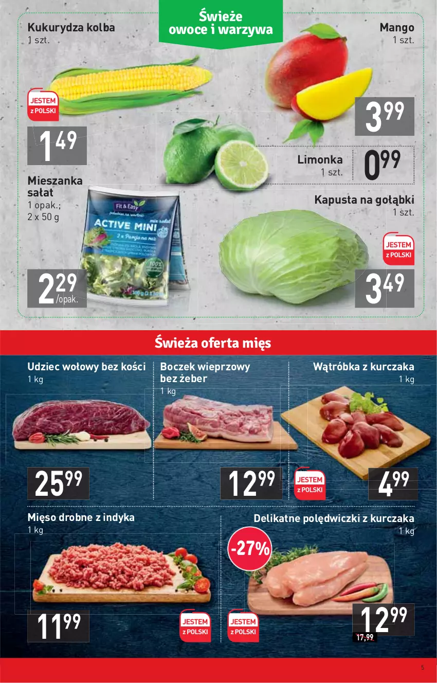 Gazetka promocyjna Stokrotka - Supermarket - ważna 23.09 do 29.09.2021 - strona 5 - produkty: Boczek, Boczek wieprzowy, Kukurydza, Kurczak, Limonka, Mango, Mięso, Mieszanka sałat, Polędwiczki z kurczaka, Sałat, Udziec wołowy