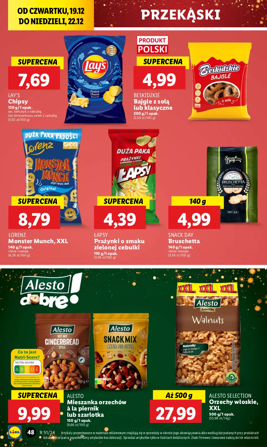 Gazetka promocyjna Lidl - GAZETKA - ważna 19.12 do 22.12.2024 - strona 54 - produkty: Bajgle, Beskidzki, Chipsy, Lay’s, Lorenz, Monster Munch, Orzechy włoskie, Piernik, Ser, Serek, Szarlotka