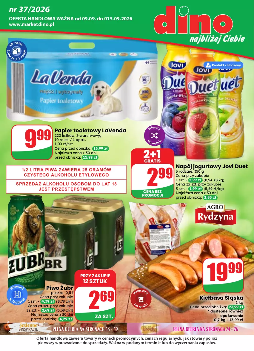 Gazetka promocyjna Dino - Gazetka 37 / 2026 - ważna 09.09 do 15.09.2026 - strona 1 - produkty: Gra, Jogurt, Kiełbasa, Kiełbasa śląska, Napój, Napój jogurtowy, Papier, Papier toaletowy, Piwa, Piwo