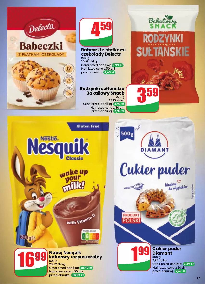 Gazetka promocyjna Dino - Gazetka 37 / 2026 - ważna 09.09 do 15.09.2026 - strona 17 - produkty: Babeczki, Cukier, Delecta, Diamant, Kakao, Napój, Nesquik, Puder, Rodzynki