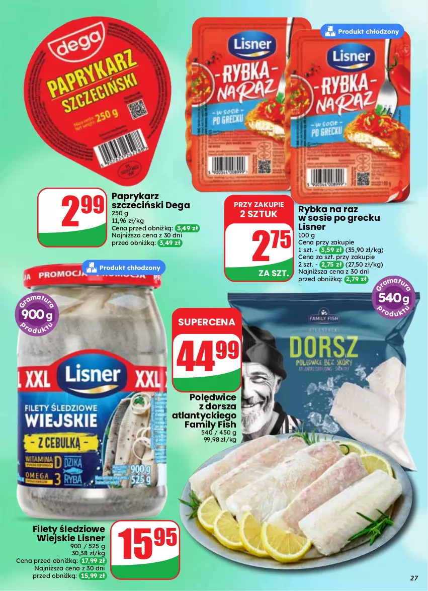 Gazetka promocyjna Dino - Gazetka 37 / 2026 - ważna 09.09 do 15.09.2026 - strona 27 - produkty: Dega, Dorsz, Ego Family, Fa, Lisner, Papryka, Paprykarz, Paprykarz szczeciński, Rybka na raz, Sos