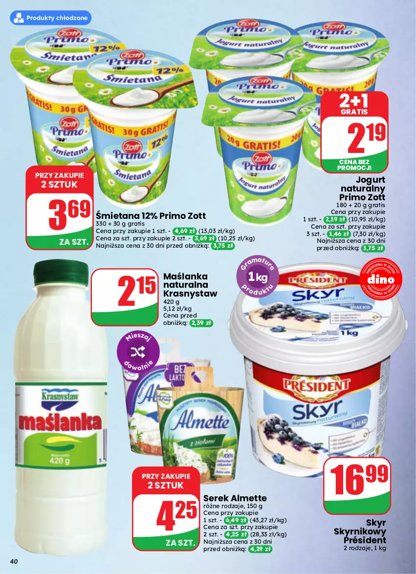Gazetka promocyjna Dino - Gazetka 37 / 2026 - ważna 09.09 do 15.09.2026 - strona 40 - produkty: Almette, Gra, Jogurt, Jogurt naturalny, Maślanka, Président, Ser, Serek, Zott