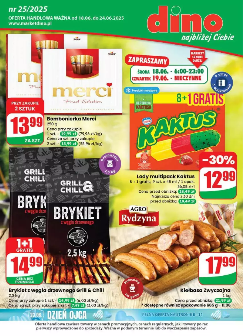 Gazetka promocyjna Dino - ważna 18.06 do 24.06.2025 - strona 1 - produkty: Gra, Grill, JBL, Kaktus, Kiełbasa, Lody, Merci