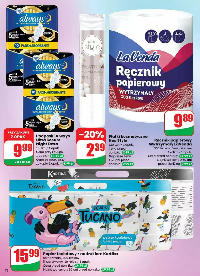 Gazetka promocyjna Dino - ważna 18.06 do 24.06.2025 - strona 70 - produkty: Always, Papier, Papier toaletowy, Płatki kosmetyczne, Podpaski, Ręcznik