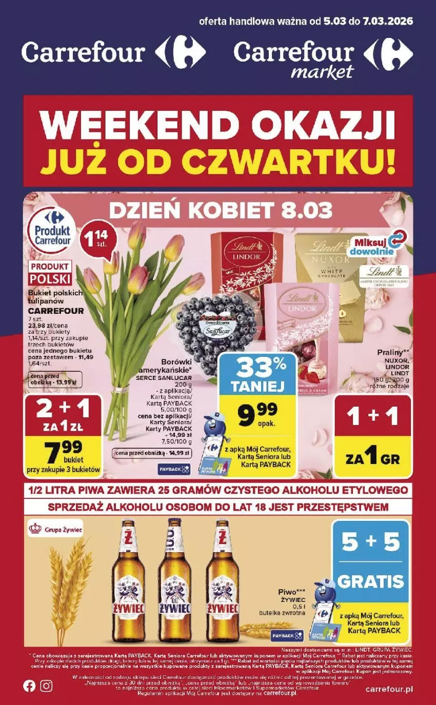 Gazetka promocyjna Carrefour - Gazetka Weekend okazji już od czwartku! - ważna 05.03 do 07.03.2026 - strona 1 - produkty: Bukiet, Gra, Lindor, Lindt, NBA, Piwa, Piwo, Por, Ser, Tulipan