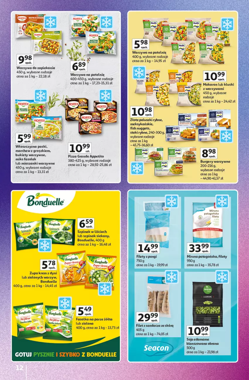 Gazetka promocyjna Auchan - Pewność Niskich Cen Hipermarket - ważna 20.03 do 26.03.2025 - strona 12 - produkty: Bukiet, Burger, Edam, Fa, Filet z sandacza, Gra, Makaron, Miruna, Paluszki rybne, Pizza, Rum, Sandacz, Stek, Tago, Warzywa