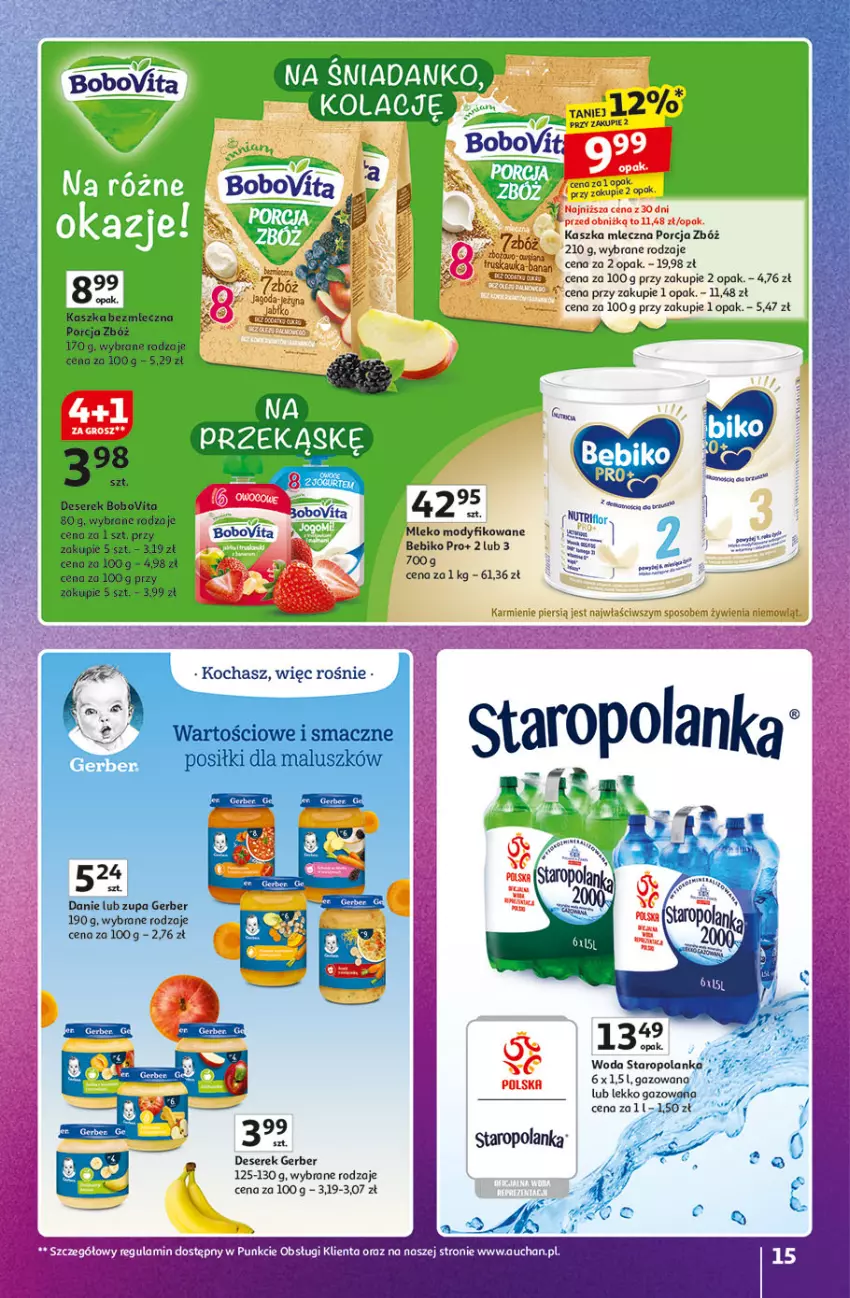 Gazetka promocyjna Auchan - Pewność Niskich Cen Hipermarket - ważna 20.03 do 26.03.2025 - strona 15 - produkty: Bebiko, BoboVita, Deser, Gerber, Koc, Mleko, Mleko modyfikowane, Por, Ser, Serek, Staropolanka, Woda, Zupa