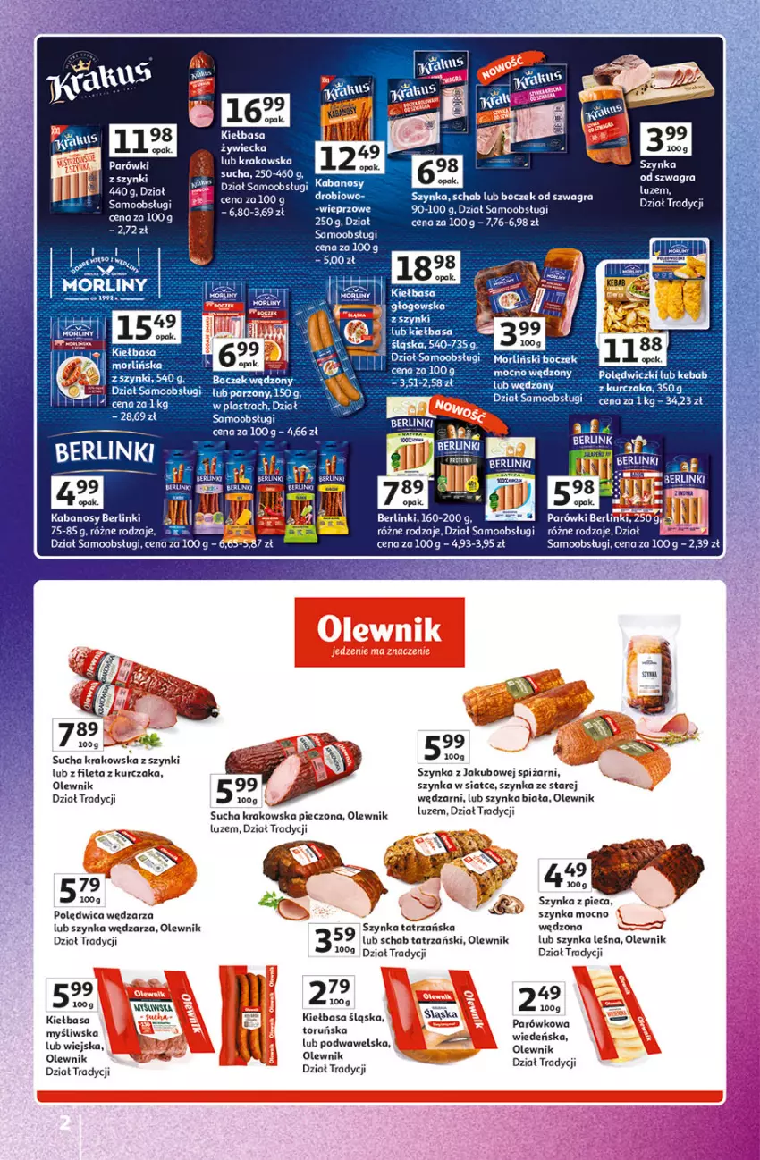 Gazetka promocyjna Auchan - Pewność Niskich Cen Hipermarket - ważna 20.03 do 26.03.2025 - strona 2 - produkty: Berlinki, Boczek, Gra, Kabanos, Kebab, Kiełbasa, Kiełbasa śląska, Kurczak, LG, Morliny, Olewnik, Parówki, Piec, Polędwica, Por, Ser, Szynka, Szynka biała