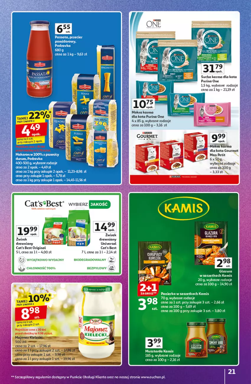 Gazetka promocyjna Auchan - Pewność Niskich Cen Hipermarket - ważna 20.03 do 26.03.2025 - strona 21 - produkty: Cat's Best, Gin, Gra, Kamis, Majonez, Makaron, Mokra karma, Mus, Musztarda, Podravka, Pur, Purina, Rum, Sucha karma