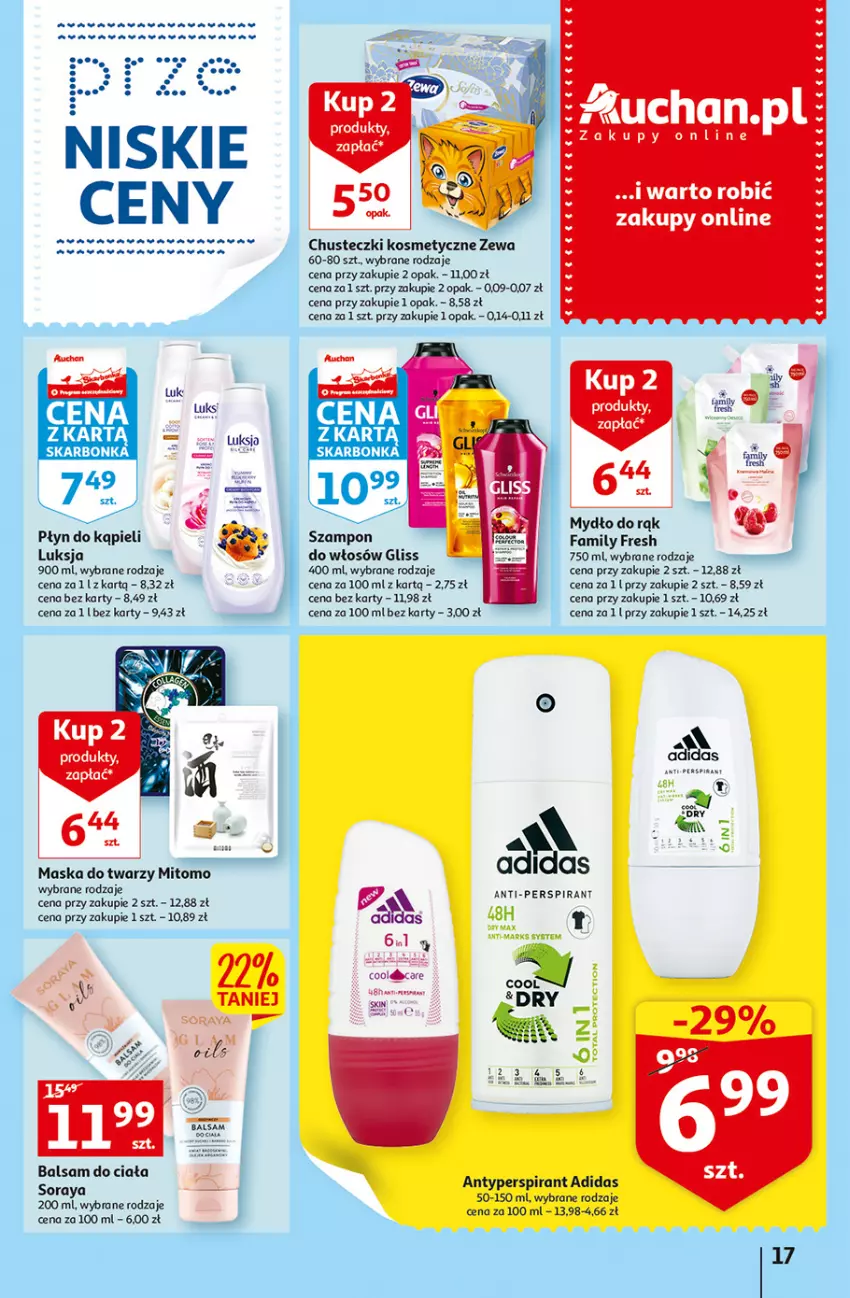 Gazetka promocyjna Auchan - Szkoła oszczędzania Temat PrzeAtrakcje cenowe Hipermarkety - ważna 18.08 do 24.08.2022 - strona 17 - produkty: Adidas, Antyperspirant, Balsam do ciała, Chusteczki, Chusteczki kosmetyczne, Fa, Luksja, Maska, Maska do twarzy, Mydło, Płyn do kąpieli, Szampon