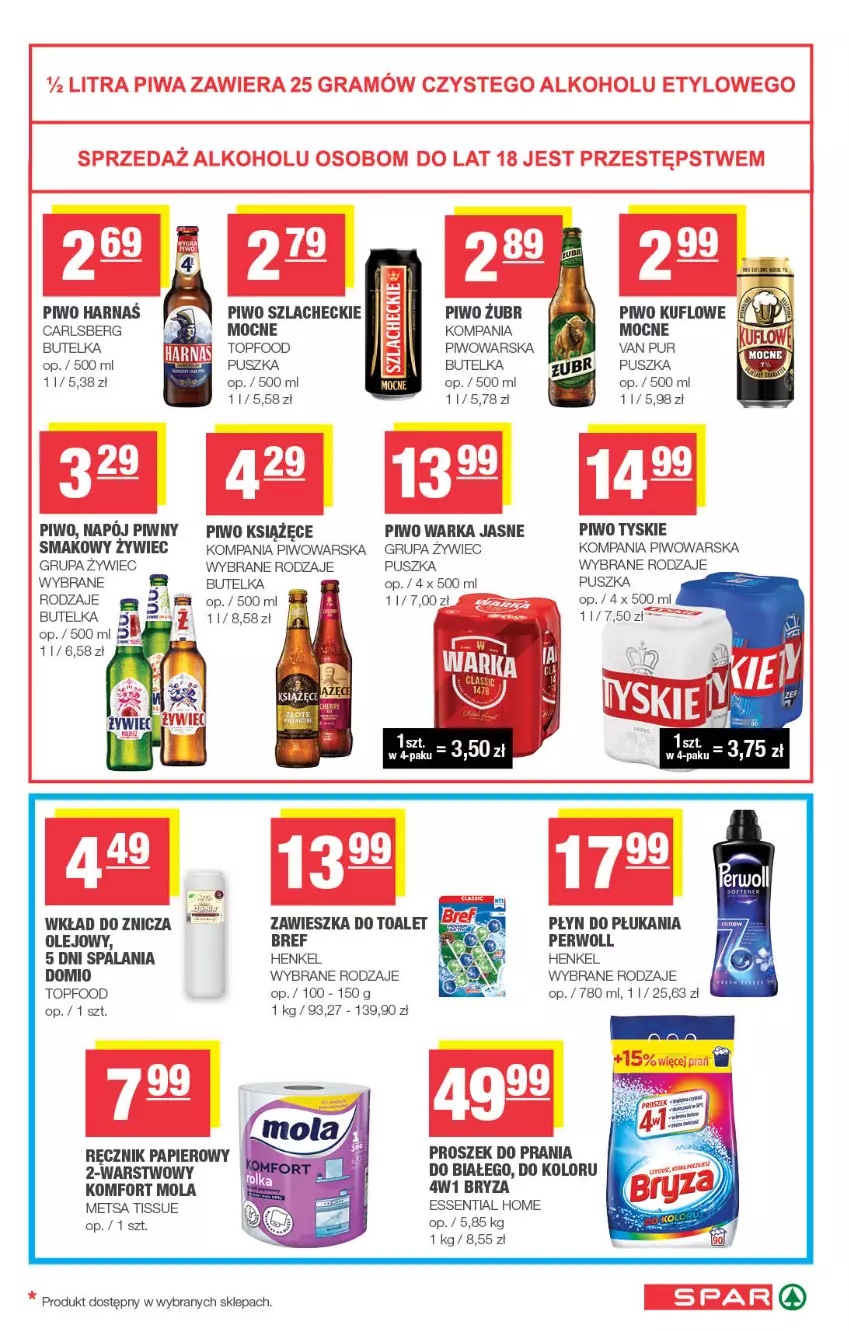 Gazetka promocyjna Spar - Spar - ważna 07.10 do 18.10.2026 - strona 7 - produkty: Bref, Bryza, Carlsberg, Gra, Książęce, Mola, Napój, Olej, Papier, Perwoll, Piwa, Piwo, Płyn do płukania, Proszek do prania, Pur, Ręcznik, Top, Tyskie, Warka, Znicz